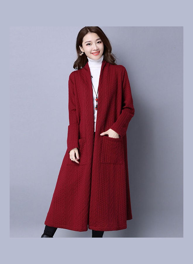 Cotton Linen Thick Windbreaker Cardigan Coat Red  - Image 1