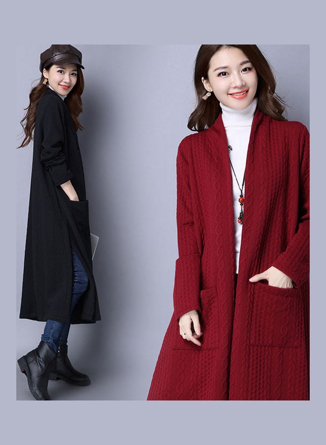 Cotton Linen Thick Windbreaker Cardigan Coat Black  - Image 4