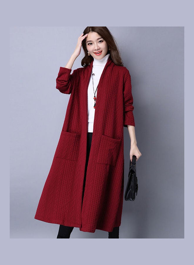 Cotton Linen Thick Windbreaker Cardigan Coat Red  - Image 2