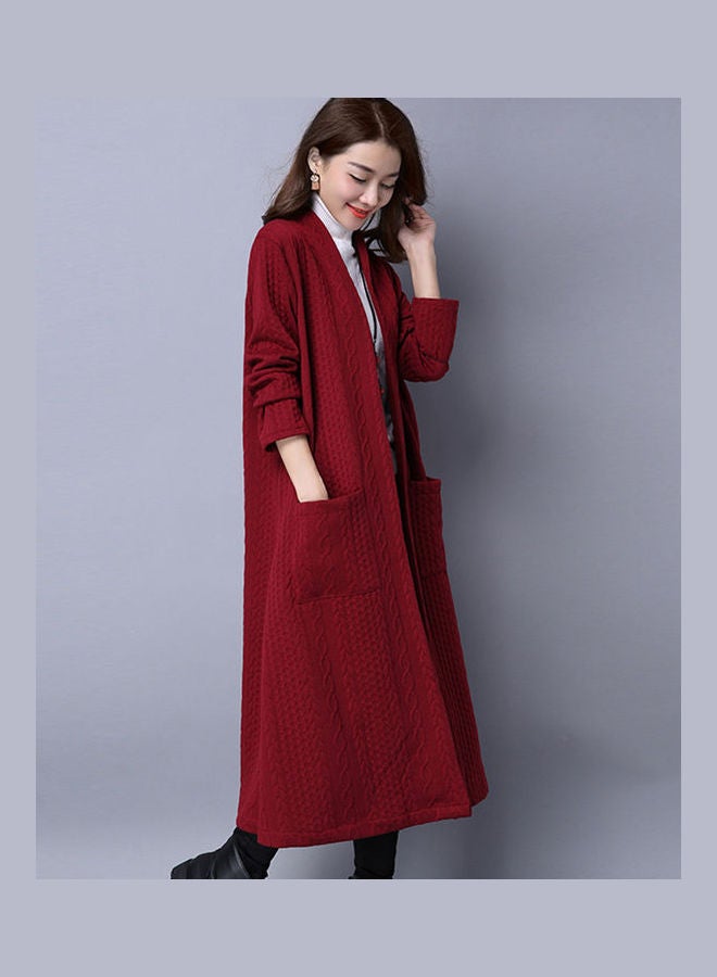 Cotton Linen Thick Windbreaker Cardigan Coat Red  - Image 3