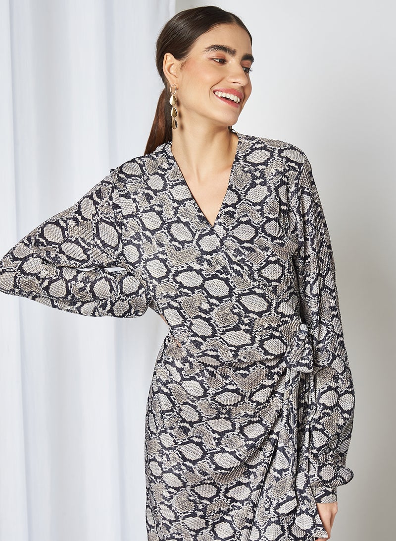 Stock - Printed Wrap Midi Dress Multi - Image 1
