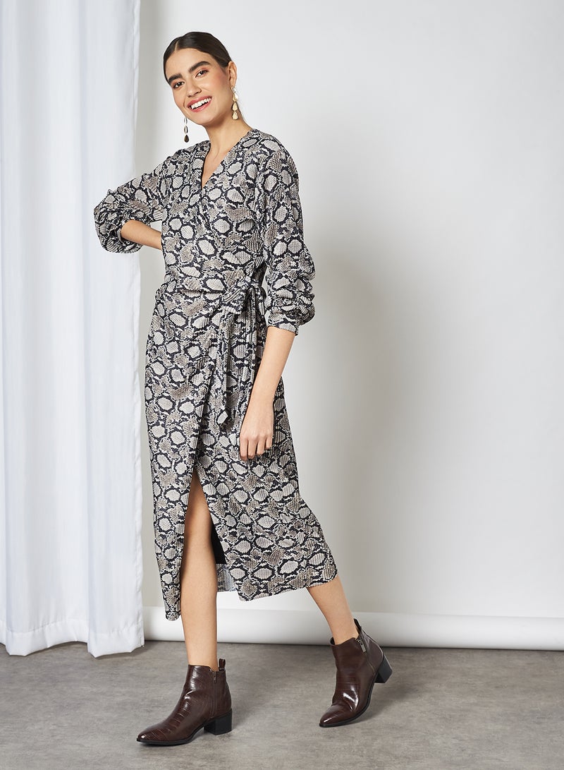 Stock - Printed Wrap Midi Dress Multi - Image 1