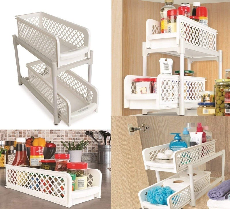 Muzz Portable 2 Tier Basket Drawer Kitchen And Bathroom Cabinets White - Image 3
