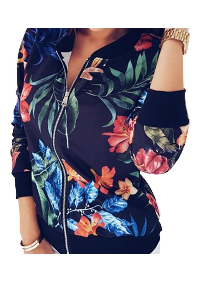 Flower Leaves Print Long Sleeve Jacket Navy Blue - Image 1