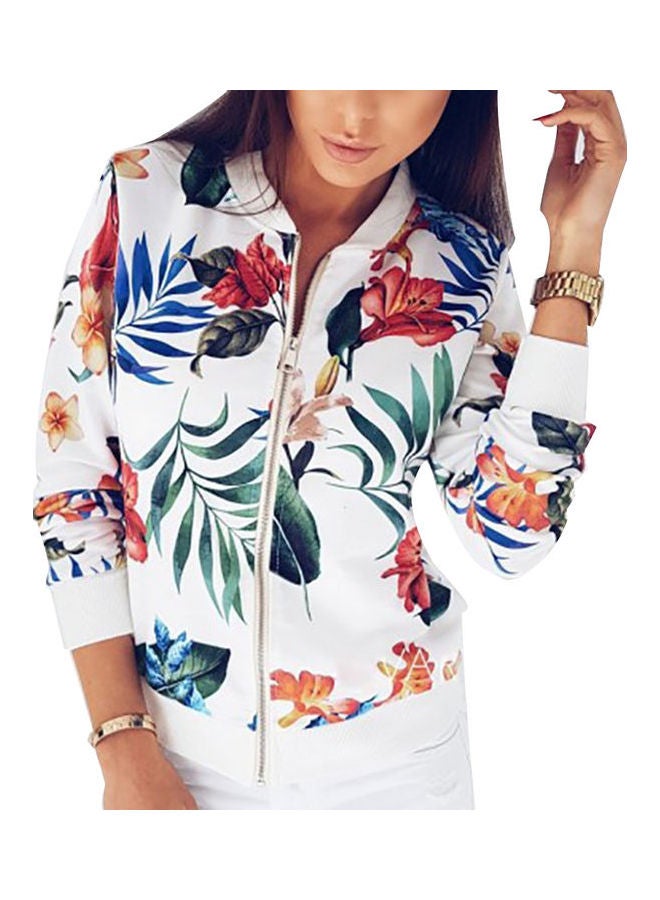 Flower Leaves Print Long Sleeve Jacket White - Image 1