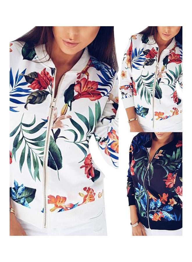 Flower Leaves Print Long Sleeve Jacket White - Image 4