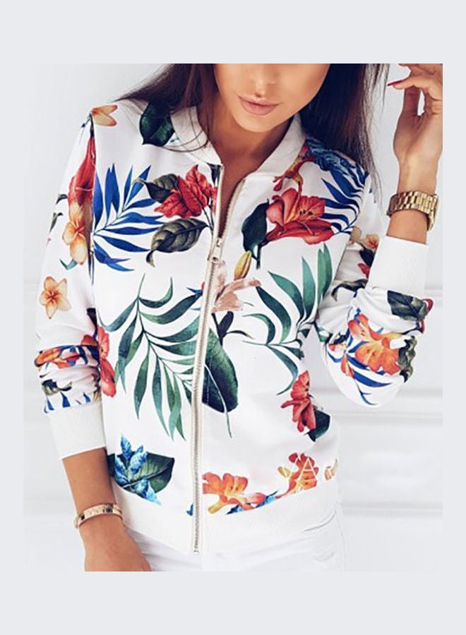 Flower Leaves Print Long Sleeve Jacket White - Image 5