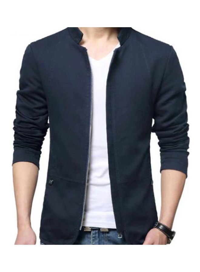 Autumn Casual Slim Fit Zipped Bomber Jacket Navy Blue - Image 1