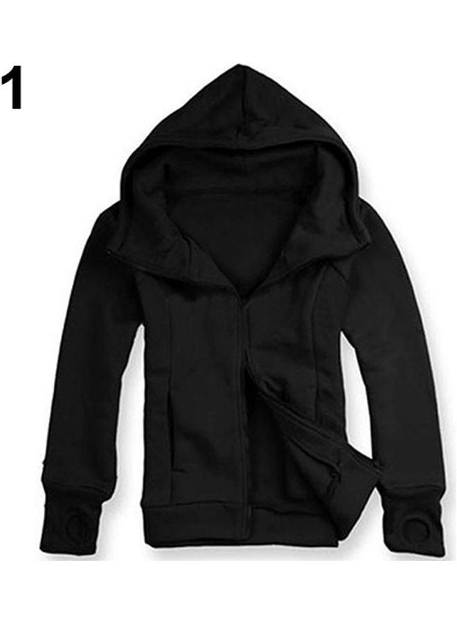High Neck Drawstring Hooded Sweatshirt Black  - Image 1
