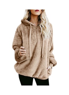Fluffy Textured Hooded Sweatshirt Khaki
