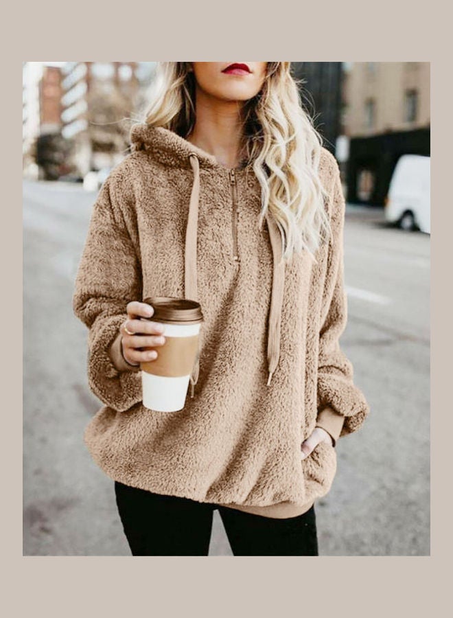Generic - Fluffy Textured Hooded Sweatshirt Khaki - Image 1