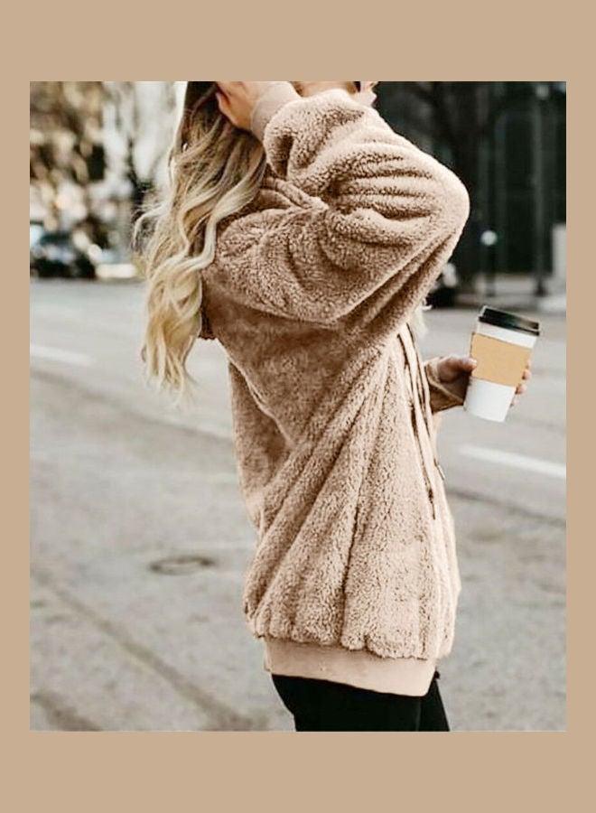 Generic - Fluffy Textured Hooded Sweatshirt Khaki - Image 1