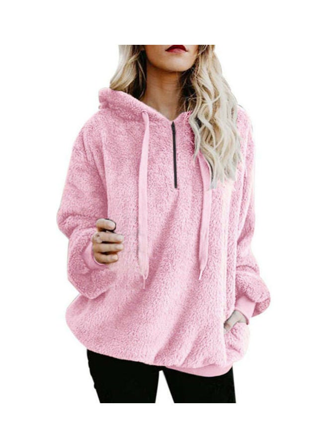 Fluffy Textured Hooded Sweatshirt Pink - Image 1