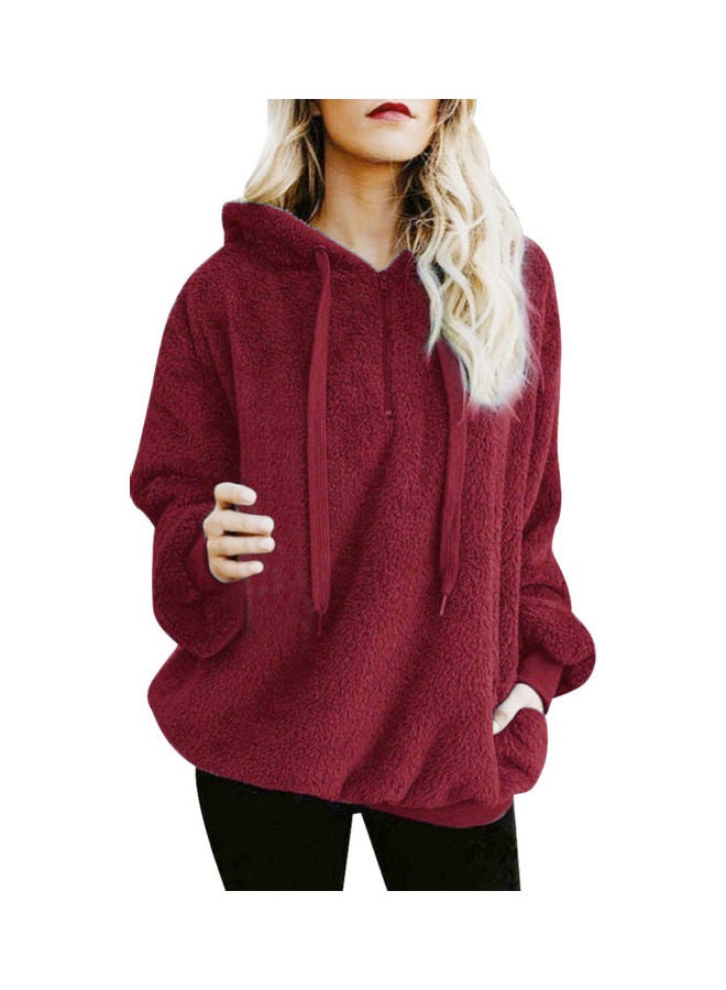 Fluffy Textured Hooded Sweatshirt Wine Red - Image 1