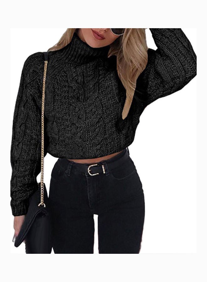 Knitted Long Sleeve Cropped Sweater Black  - Image 1