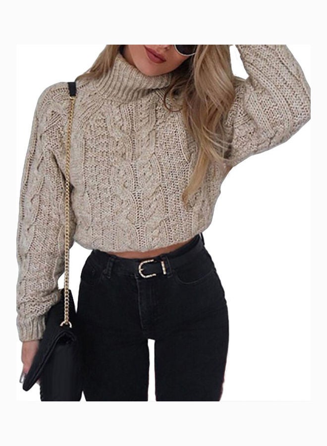 Knitted Long Sleeve Cropped Sweater Khaki - Image 1