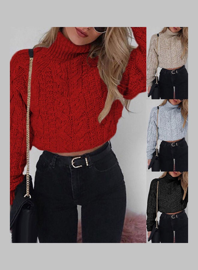 Knitted Long Sleeve Cropped Sweater Khaki - Image 2