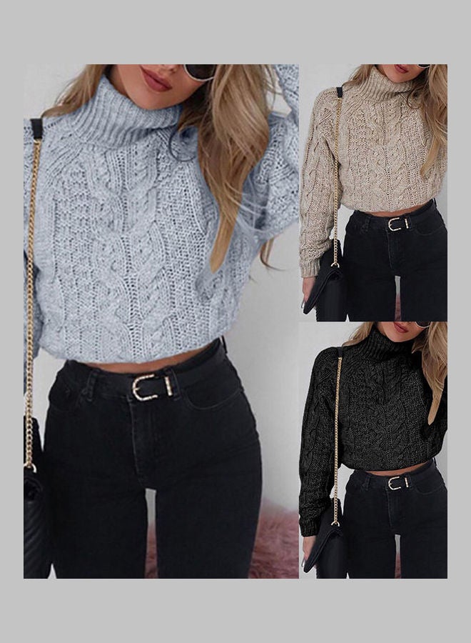 Knitted Long Sleeve Cropped Sweater Khaki - Image 3