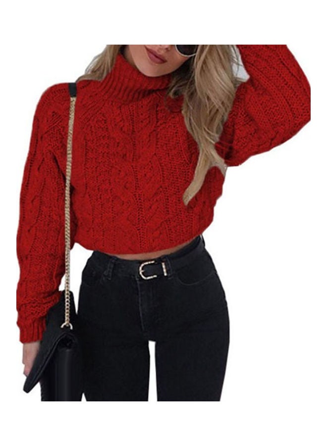 Knitted Long Sleeve Cropped Sweater Red  - Image 1