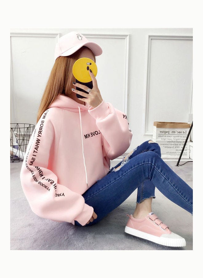 Slogan Printed Sleeves Hooded Sweatshirt Pink  - Image 3