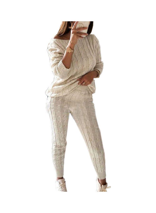 2 Piece Knitted Sweater And Pajama Set Beige - Image 1