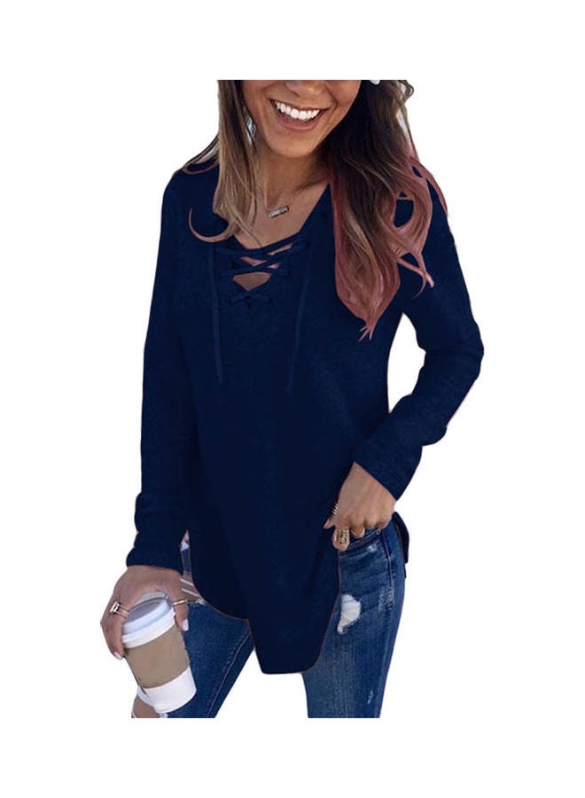 Criss Cross Neck Basic Pullover Navy Blue - Image 1