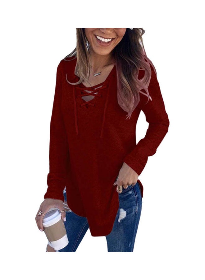 Criss Cross Neck Basic Pullover Wine Red - Image 1