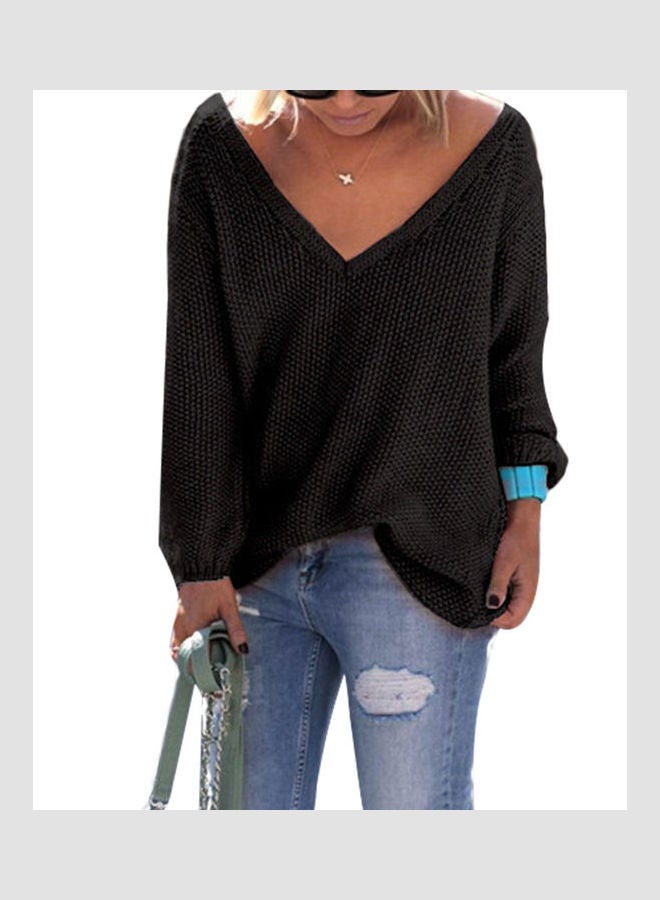Knitted Plunge Neck Sweater Black - Image 1