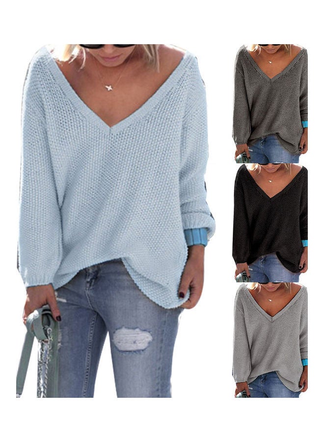 Knitted Plunge Neck Sweater Black - Image 3