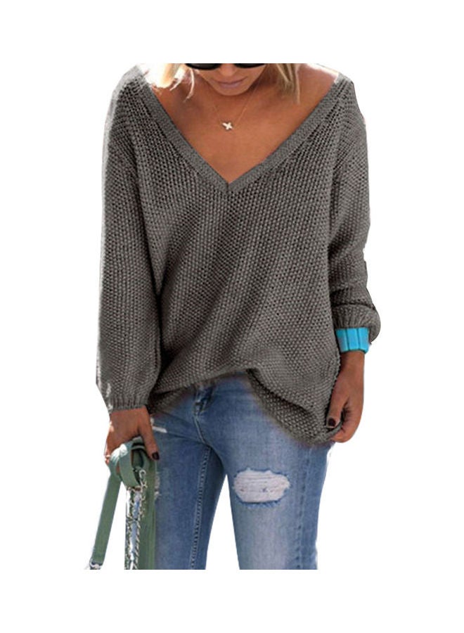 Knitted Plunge Neck Sweater Dark Gray - Image 1