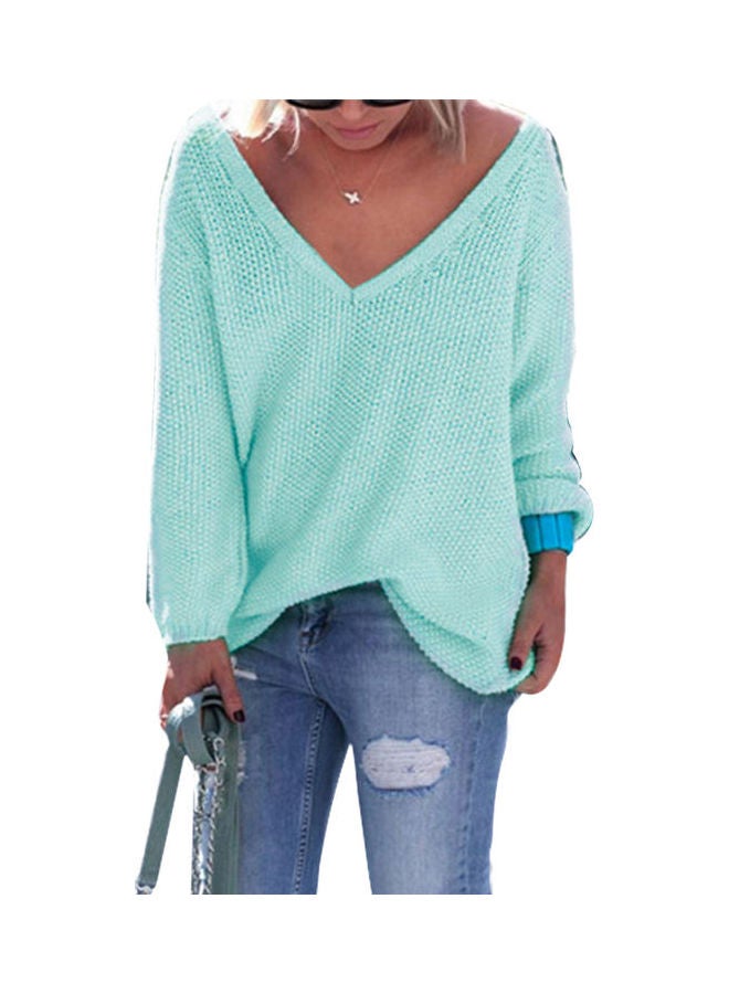 Knitted Plunge Neck Sweater Green - Image 1