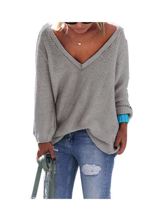 Knitted Plunge Neck Sweater Grey - Image 1