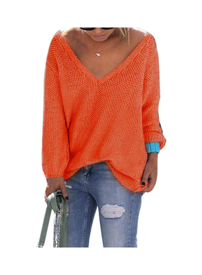 Knitted Plunge Neck Sweater Orange - Image 1