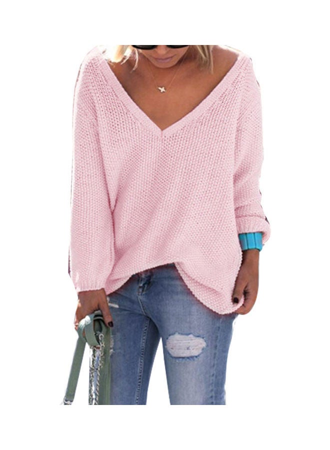 Knitted Plunge Neck Sweater Pink - Image 1