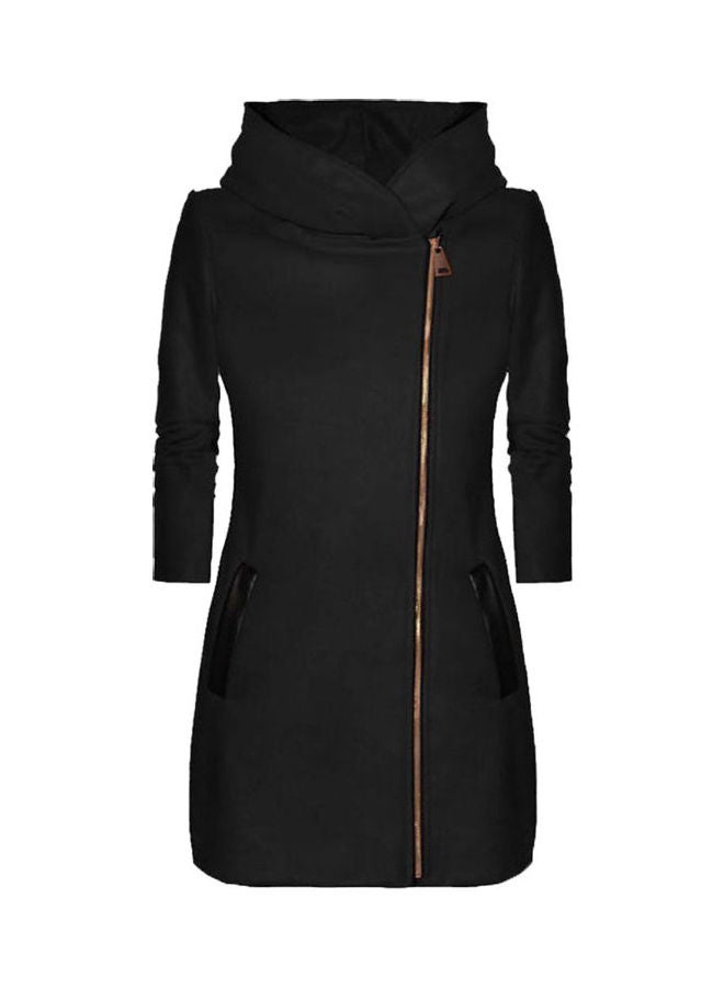 جاكيت سادة بغطاء للرأس وسحاب جانبي أسود - Image 1