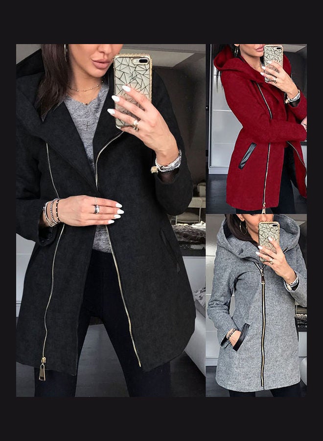 جاكيت سادة بغطاء للرأس وسحاب جانبي أسود - Image 2