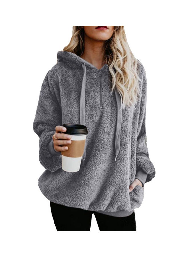 Shaggy Textured Drawstring Hoodie Dark Gray - Image 1
