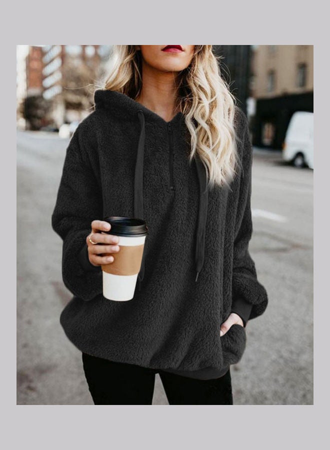 Shaggy Textured Drawstring Hoodie Dark Gray - Image 4