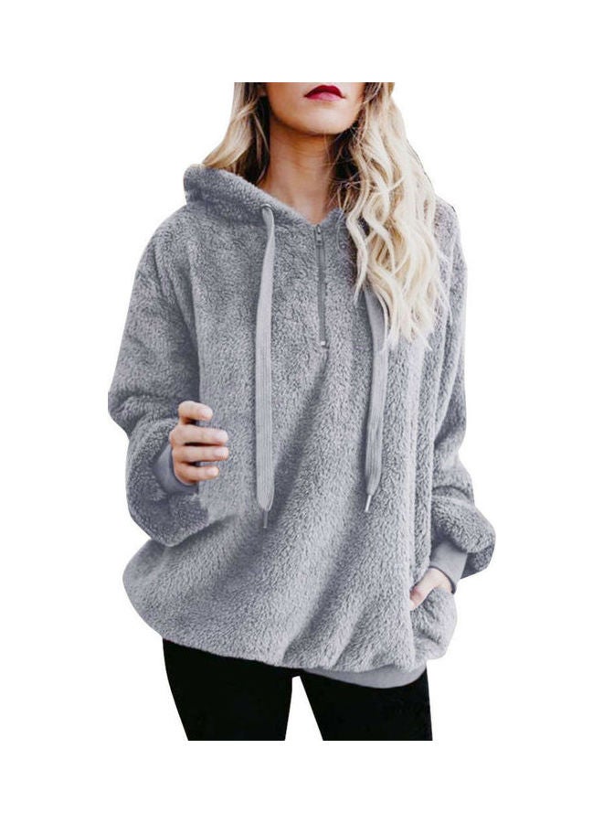 Shaggy Textured Drawstring Hoodie Light Gray - Image 1