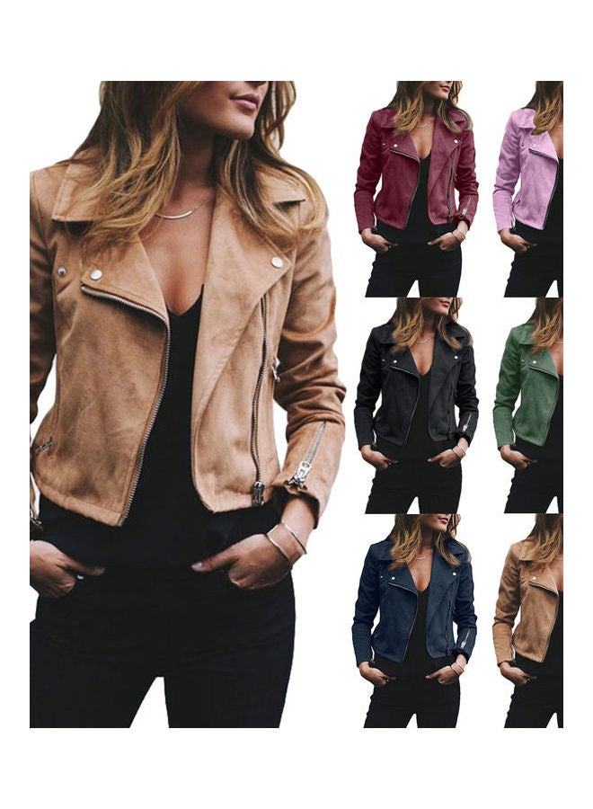 Turn Down Collar Long Sleeve Jacket Coffee - Image 2