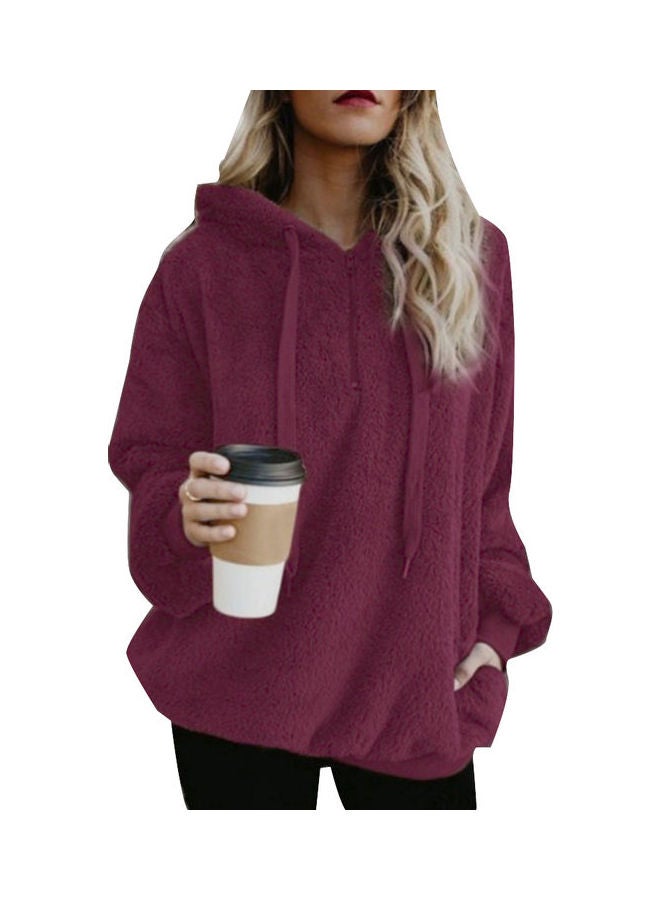 Shaggy Textured Drawstring Hoodie Wine Red - Image 1