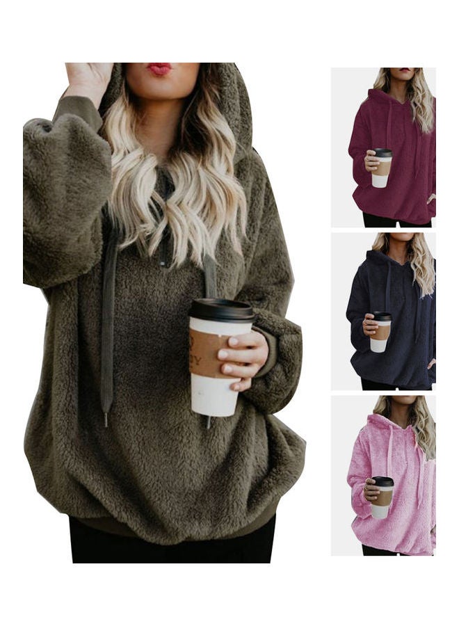 Shaggy Textured Drawstring Hoodie Wine Red - Image 2