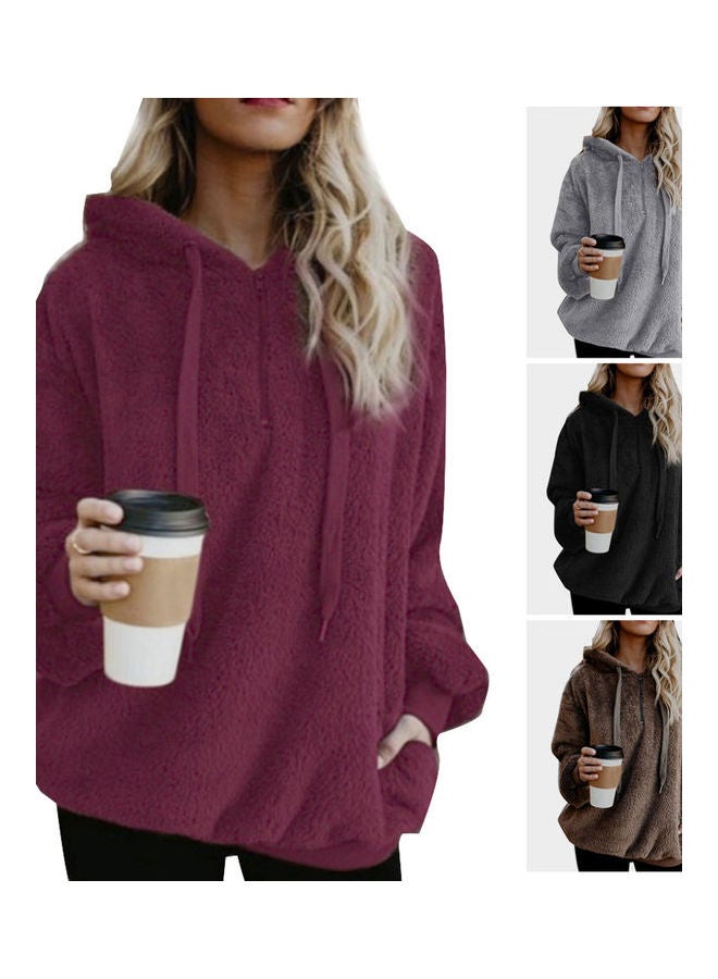 Shaggy Textured Drawstring Hoodie Wine Red - Image 4
