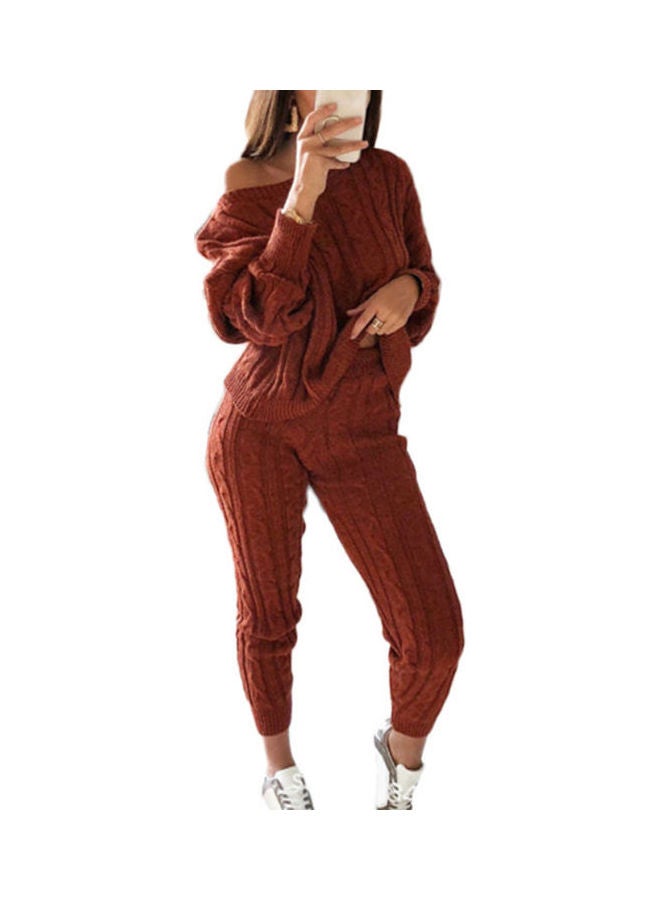 2 Piece Knitted Sweater And Pajama Set Wine Red - Image 1