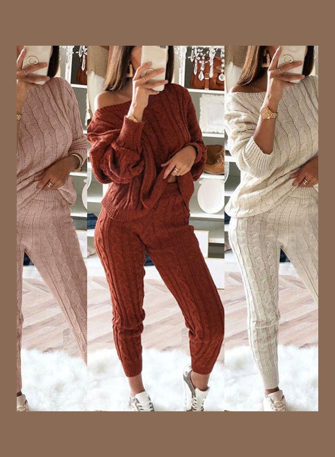 2 Piece Knitted Sweater And Pajama Set Wine Red - Image 3