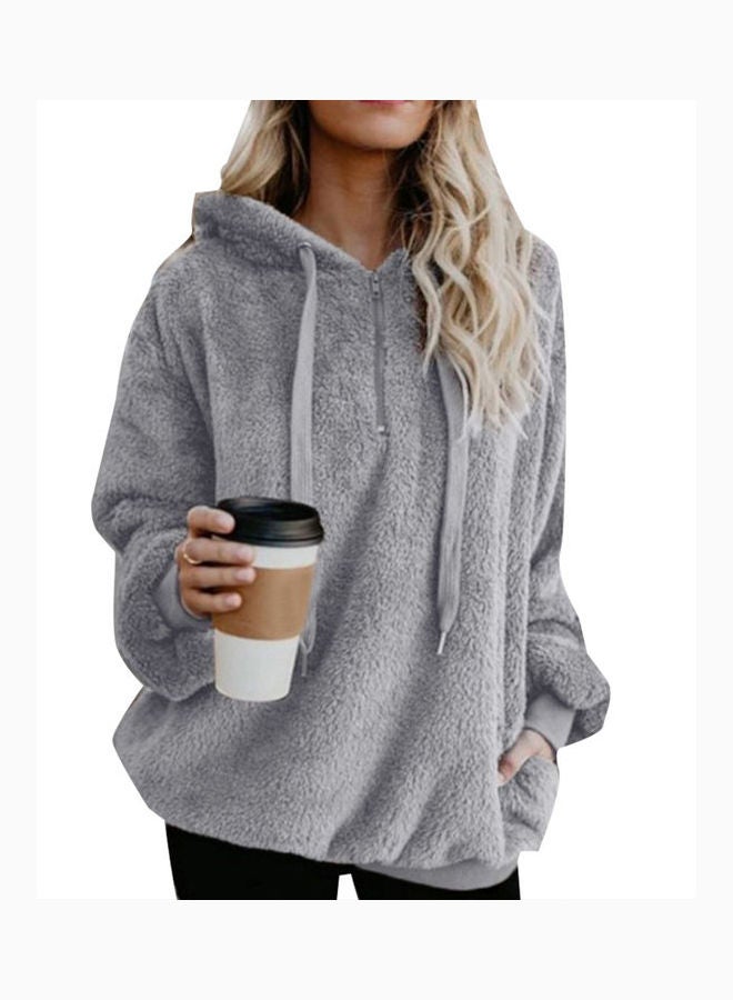 Fluffy Textured Hooded Sweatshirt Light Gray - Image 1