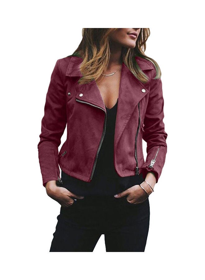 Turn Down Collar Long Sleeve Jacket Wine Red - Image 1