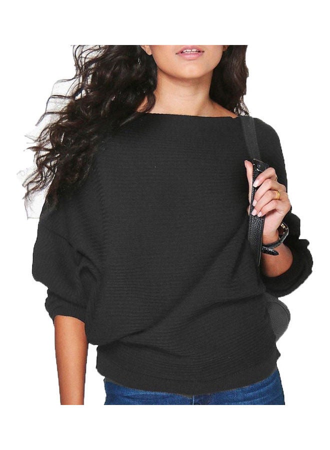 بلوفر فضفاض محبوك ومضلع أسود - Image 1