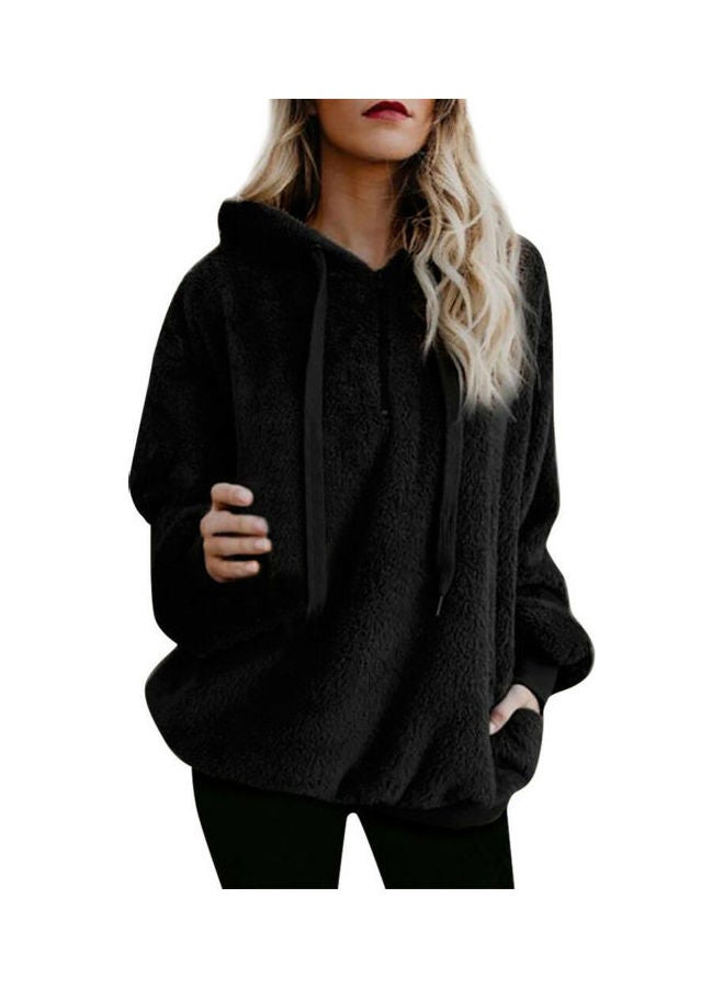 Shaggy Textured Drawstring Hoodie Black  - Image 1