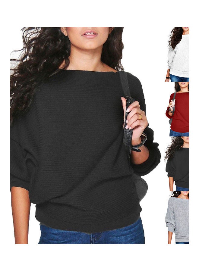 بلوفر فضفاض محبوك ومضلع أسود - Image 3